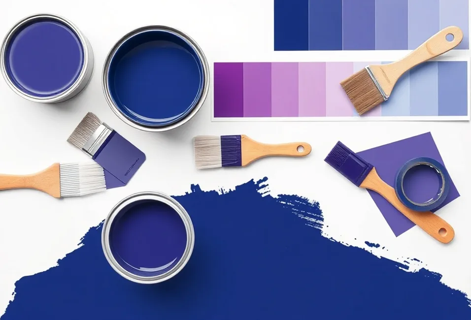 Pots de peinture, nuancier, brosses et rouleaux disposés à plat