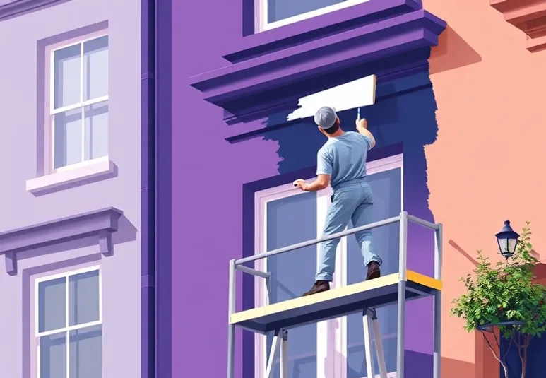 Peintre sur échafaudage traitant la façade d'une maison